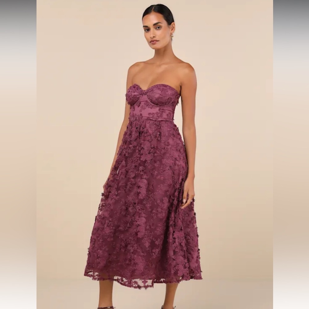 Lulus maxi Strapless Burgundy Dress with floral embroidery